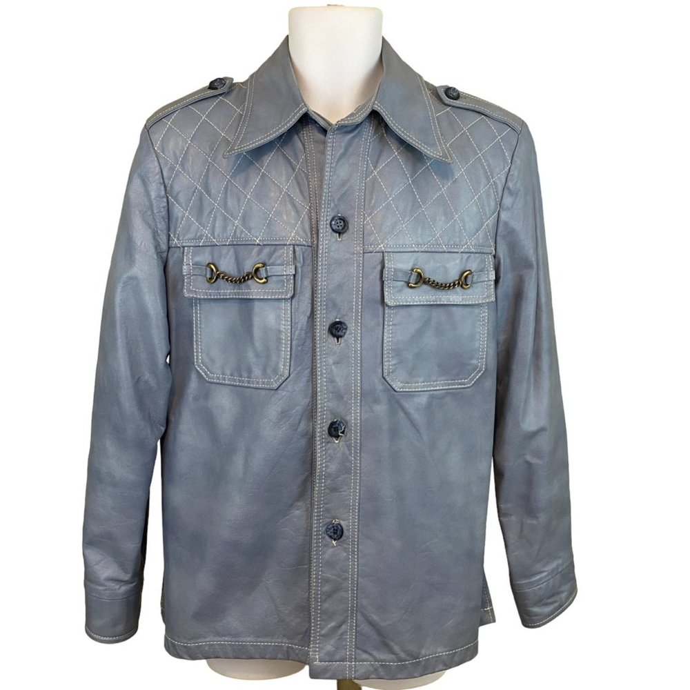 Men's Light Gray Leather Button-Front Jacket with Quilted Yoke